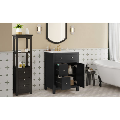 24" Bathroom Vanity With Ceramic Basin, Cross Design, Handles, And Spacious Drawer Storage For Small Decor Organization In Compact Areas Quiet Hinges, Two Deep Drawers, Adjustable Shelving
