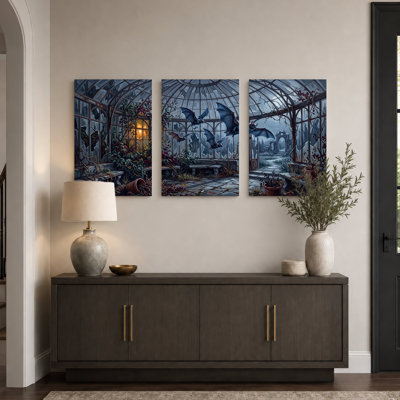 Flying Bats in Overgrown Greenhouse with Broken Glass Set Of 3 Canvas Wall Art