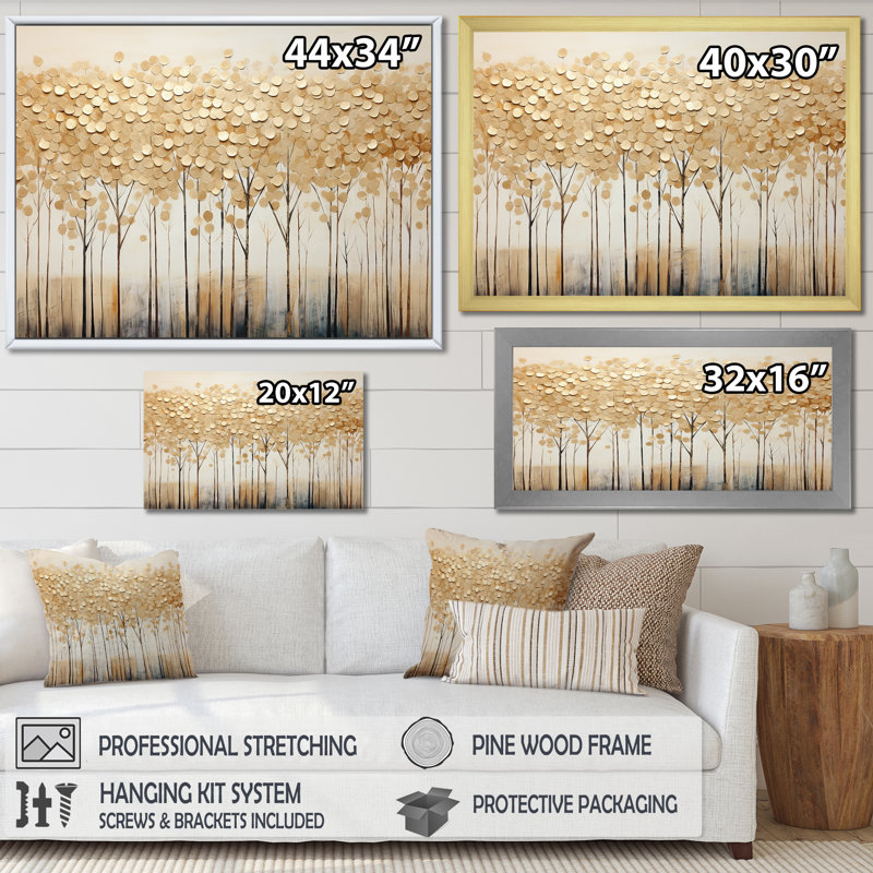 Minimalisme Golden Trees Harmony sur toile, H 24 po x l 32 po x P 1 po, Cadre flottant noir