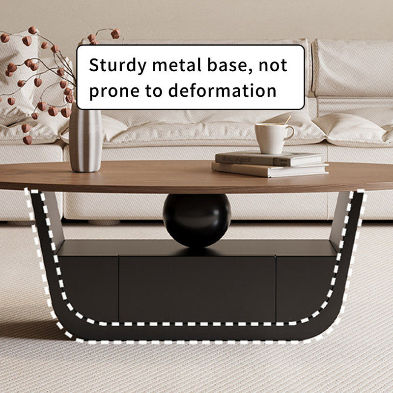 Table basse ovale en bois avec tiroir Retro, Dessus brun noisette / base noire, H 15,74 po x L 47,24 po x l 23,62 po