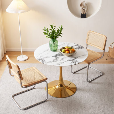 34.65" Round Breakroom Tables, Unique Marble Pattern Fiberglass Stone Bistro Table with Gold Pedestal Base