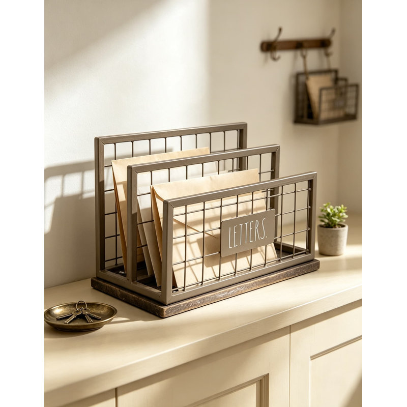 Organisateur de courrier de bureau avec deux compartiments, organisateur de bureau fixe pour table, acier galvanisé chic et élégant et bois massif avec imprimé de lettres pour la maison et le bureau