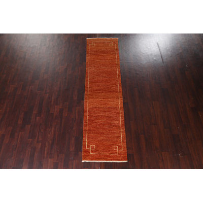 Tapis de couloir orange en laine noué à la main de conception unique 2 pi 6 po x 9 pi 7 po