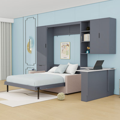 Queen Murphy Bed with Sofa and Desk,Drawers,Shelves