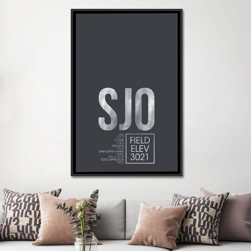« air traffic control series », art textuel sur toile san jose, H 60 po x l 40po x P 1,5 po, Toile avec cadre noir