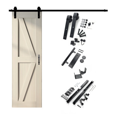 Tinsmith Gray Solid Pine Wood Unassembled Door with Black Rustic Installation Hardware Kit