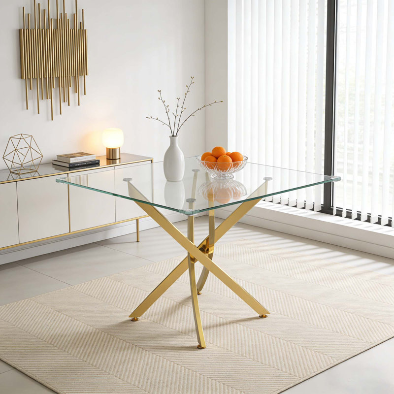 Brintney Contemporary Square Clear Dining Tempered Glass Table with Stainless Steel Legs,dinning table,dining room table