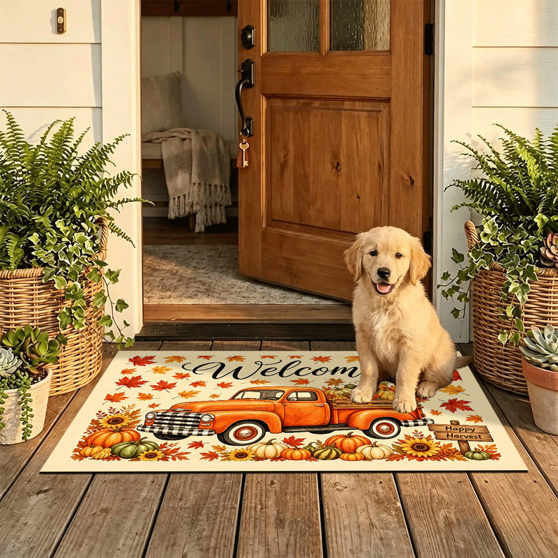 Tapis de porte antidérapant pour intérieur/extérieur, 51 x 81 cm, motif de camion vintage « Moisson »., Camion rétro
