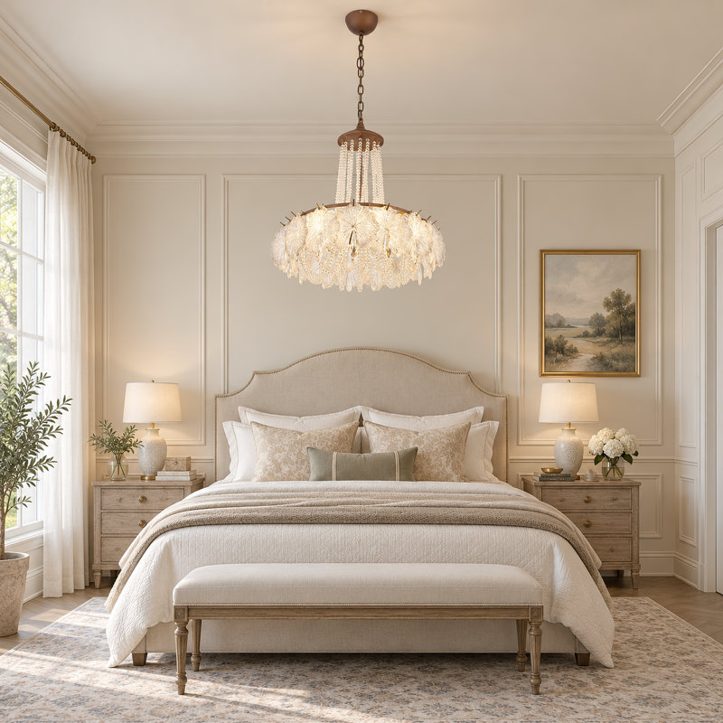 Lustre à 6 lumières en cristal français avec pampilles et lumière chaude