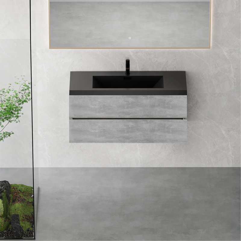 Meuble-lavabo flottant 48 po avec lavabo, meuble-lavabo mural moderne avec lavabo à quartz noir et tiroirs à fermeture en douceur 48 po