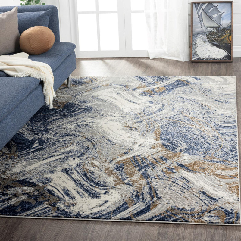 Tapis bleu abstrait en polypropylène tissé à la machine, Rectangle 5 pi x 7 pi