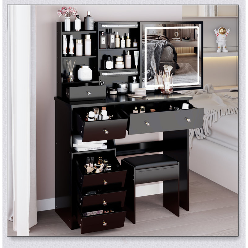 Table de coiffeuse de 37 pouces avec miroir à DEL tactile, rangement grande capacité et tabouret rembourré pour les grands espaces