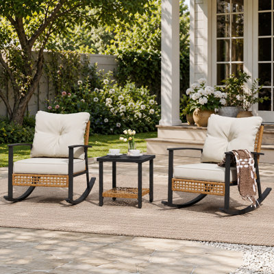 Outdoor Patio 2-Seat PE Wicker Rocking Seating Group with Water Resistant Cushions