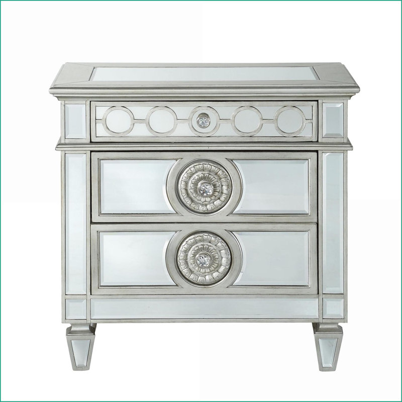 Table de chevet en bois avec miroir et 2 tiroirs pour chambre Glam, Clair