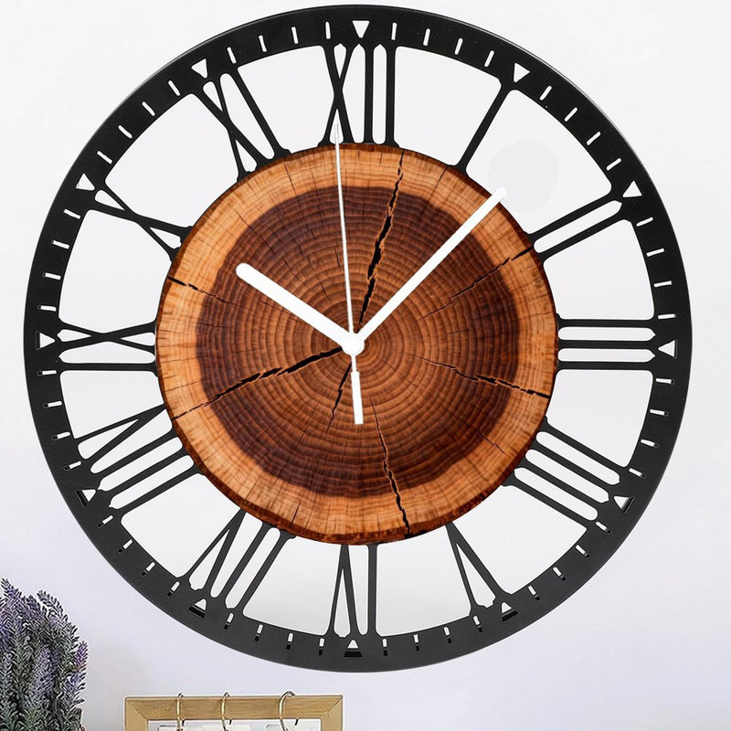 Horloge murale ronde en fer 10 po avec mouvement à quartz silencieux, chiffres romains, impression UV, Chêne