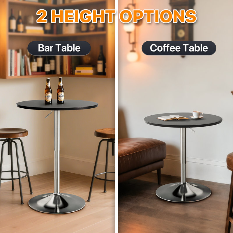 Bistro Pub Table Round Adjustable Height Bar Cocktail Table Swivel Dining Table with Chrome Base, Black