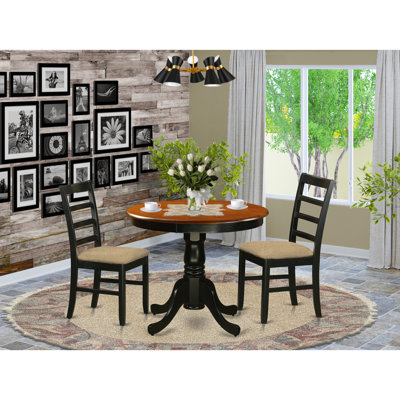 5 Piece Kitchen Table & Chairs Set Includes a Round Dining Room Table with Pedestal and 4 Linen Fabric Upholstered Chairs, 36x36 Inch, Black & Cherry