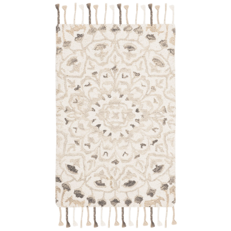 Jahiem Floral Handwoven Wool Area Rug in Ivory/Taupe, Rectangle 2' x 3'