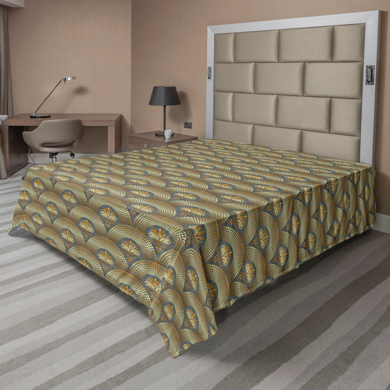 Ambesonne Top Flat Sheet Curving Art, Queen Flat Sheet, Yellow Black Damask