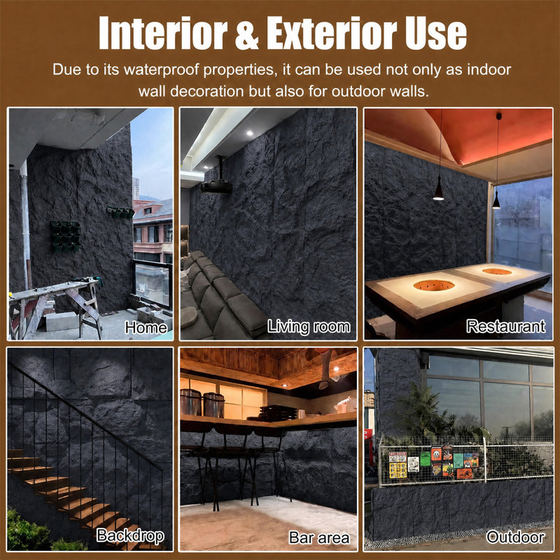 6-pack 3d Faux Stone Wall Panels, Waterproof Cement-texture Wainscoting Panels, Dark Black