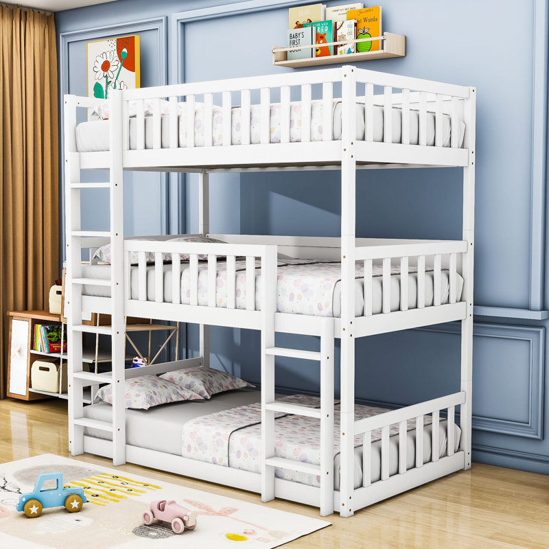 Space-Saving Twin Over Twin Over Twin Triple Bunk Bed With Detachable Feature, White