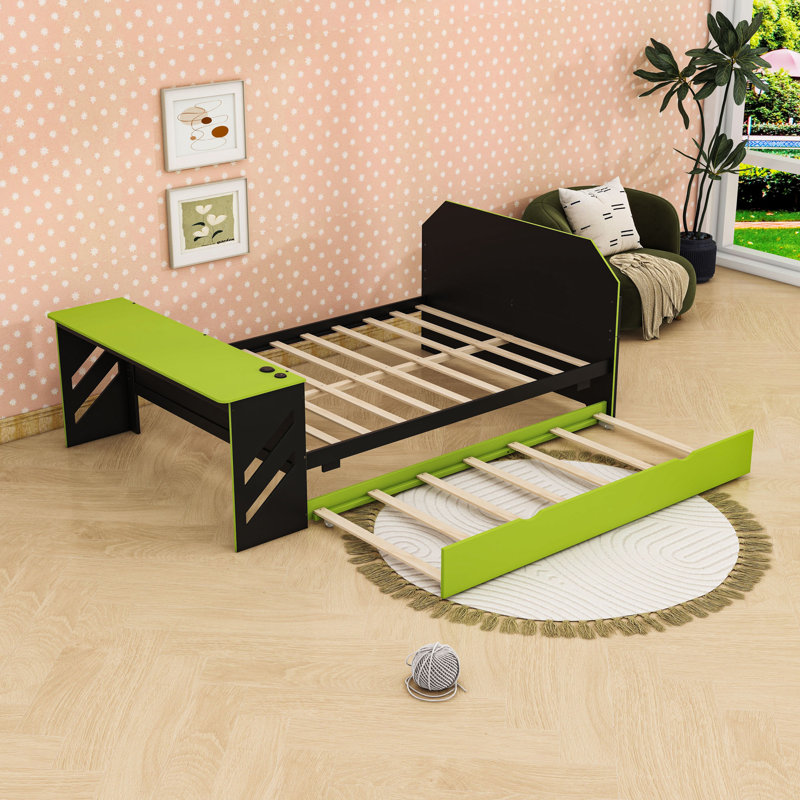 Full Size Daybed with Twin Trundle and USB Desk, Green