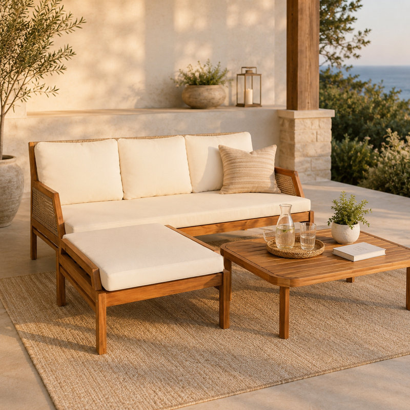 Ensemble de conversation d'extérieur en bois d'acacia 3 pièces avec accents en osier tissé à la main, coussins de siège profond, repose-pieds et table basse