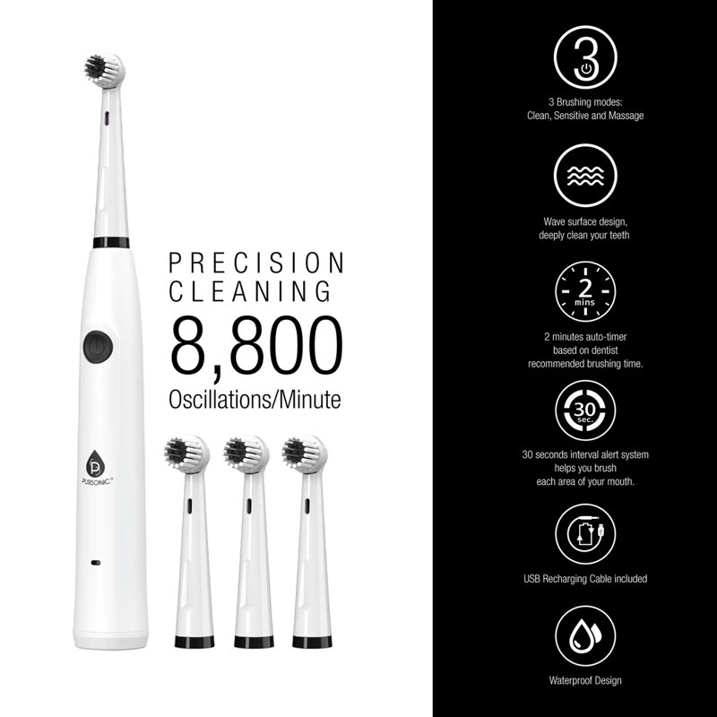 Brosse à dents électrique rechargeable avec 3 brosses blanches Mario Lopez