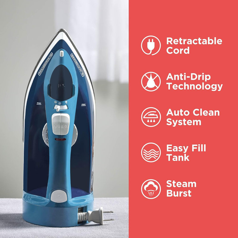 BLACK+DECKER Steam Iron for Clothes with Retractable Cord, Vertical Steaming, Anti-Drip Design, Spray Mist and Auto Clean Button, 1200W