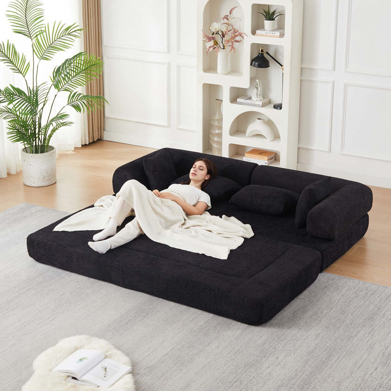 Canapé-lit convertible en chenille avec accoudoirs amovibles, Chenille noir