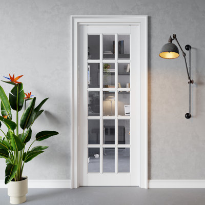 Porte intérieure en verre transparent 15-Lite, porte en verre trempé CARB P2 en panneau de fibres à densité moyenne et en verre trempé, avec cadre solide renforcé et trousse de quincaillerie, porte de chambre à coucher coulissante, préfinie et imperméable, pour garde-manger, chambre à coucher, salle de bain et placard, teinture facile à bricoler, 30 po "x 80"
