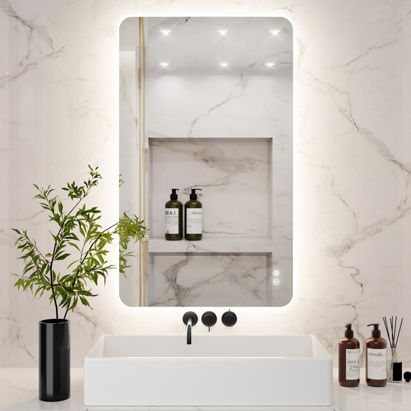 Soft Rounded Frameless Backlit LED Bathroom Vanity Mirror, Dimmable, Anti-Fog, 3 Color Temperatures, Tempered Glass, UL/ETL Certified