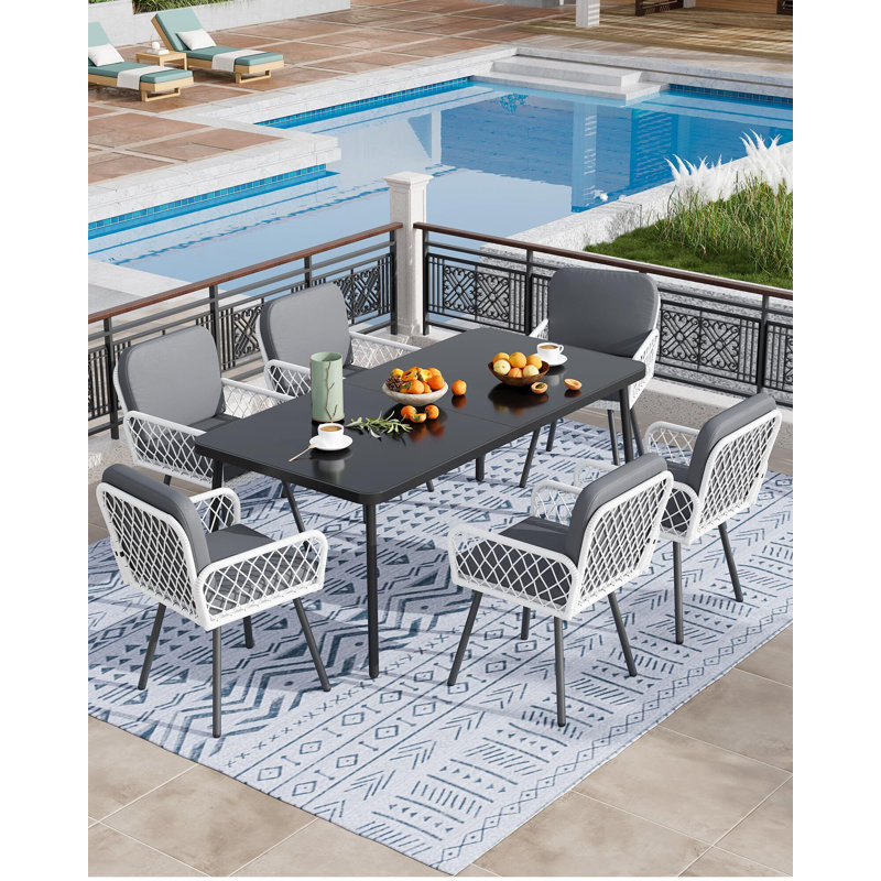 7-Piece Outdoor Dining Table Set for 6, 59" Tempered Glass Dining Table with Metal Frame and 6 Rattan Chairs, Patio Dining Set for Garden, Backyard and Poolside,Black & White