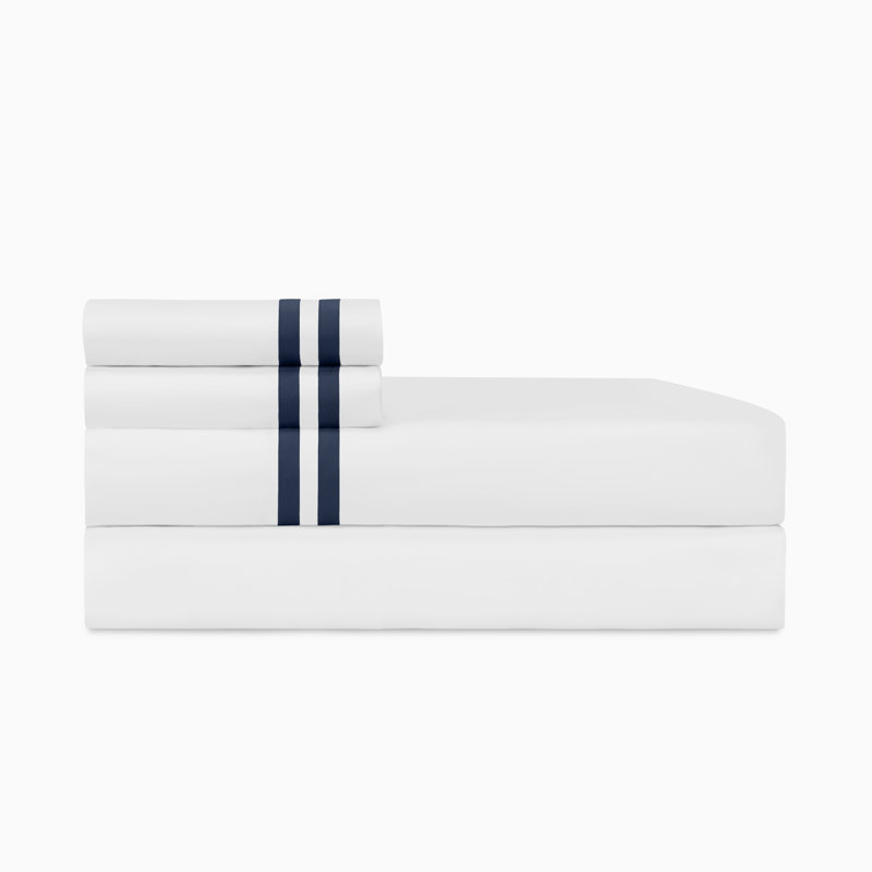 Ribbons Sateen Sheet Set, California King, White/Navy Blue