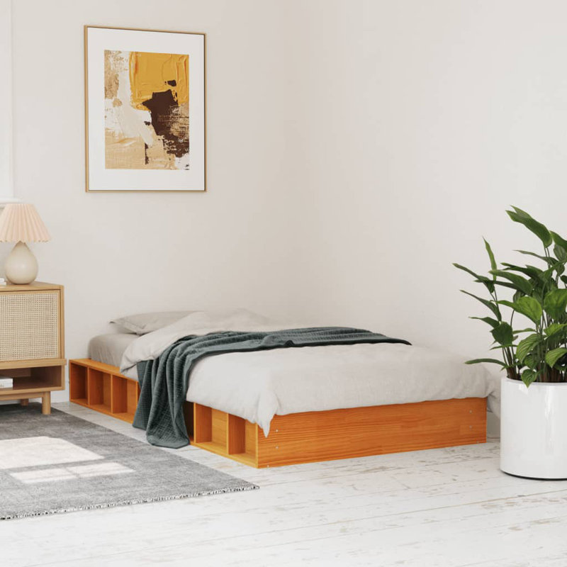 Friona Wood Platform Bed, Wax Brown, European Single (90 x 200cm)