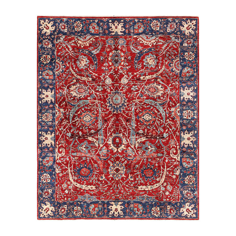 Tapis rouge / bleu marine en laine noué à la main de conception unique 8 pi x 10 pi 1 po