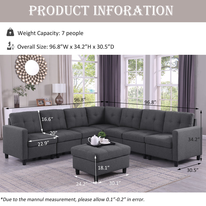 Kentrell 7 - Piece Upholstered Sectional With Ottoman, Dark Gray Linen Blend
