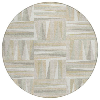 8' Ivory Beige Round Geometric Washable Indoor Outdoor Area Rug