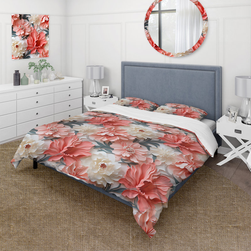 Literie discrète à motif tropical corail I, Housse de couette pour très grand lit et 2 très