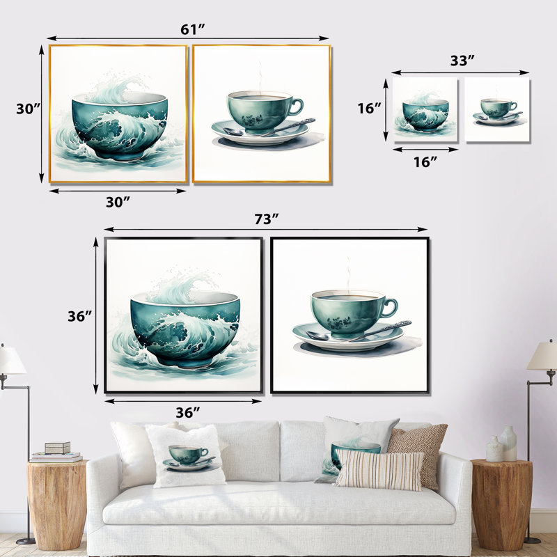 Green Green Teacup Delight I - ensemble d'art mural chinois sur toile, 2 pièces, Cadre flottant noir