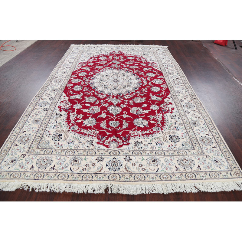Tapis de zone en laine beige/rouge 6 pi 6 po x 9 pi nain noué la one-of-kind à la main Van Orden