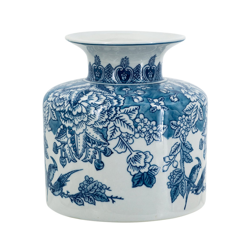 Round Blue And White Porcelain Vase With Elegant Flower And Bird Motifs, 8.3" H x 7.9" W x 7.9" D