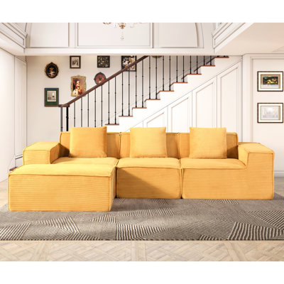 Canapé modulaire multifonctionnel en forme de L jaune gingembre, assemblage rapide, siège confortable pour velours côtelé convertible familial et 3 coussins, utilisation à la maison adaptable