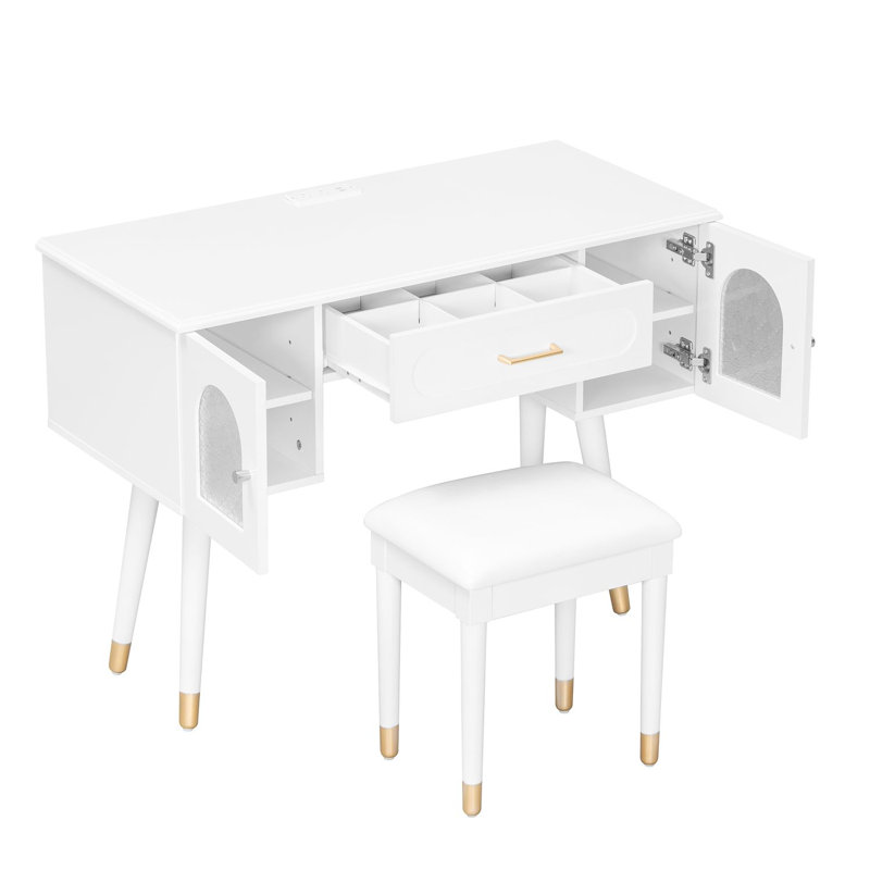 Ensemble de coiffeuse et coiffeuse Elegant Vanity, coiffeuse moderne avec rangement, bureau et port de charge, blanc, Blanc