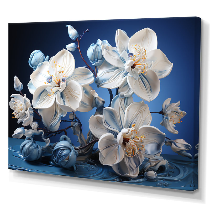 Orchidées blanches et bleues de sérénité - art mural orchidée, H 16 po x l 32 po x P 1 po, Toile tendue