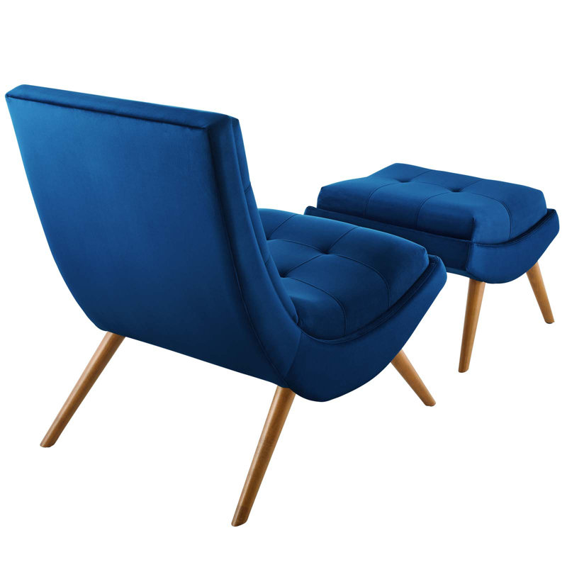 Navy Velvet Tufted Lounge Chair and Ottoman Set