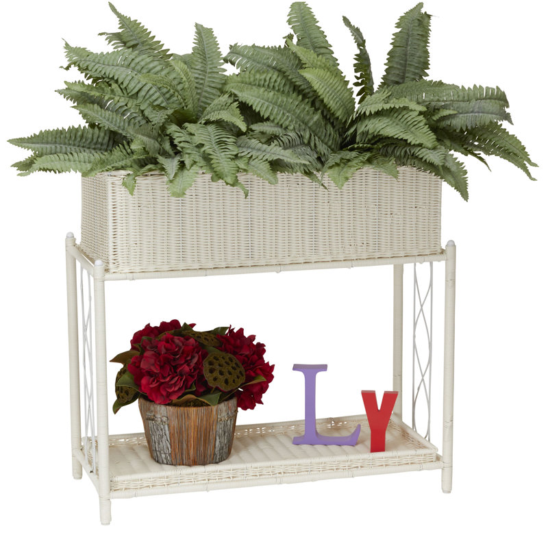 White Resin Wicker Two-Tier Indoor Outdoor Planter Stand