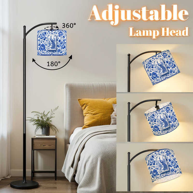 Lampe sur pied à arc avec abat-jour réglable paon bleu floral Chinoiserie Mahjong