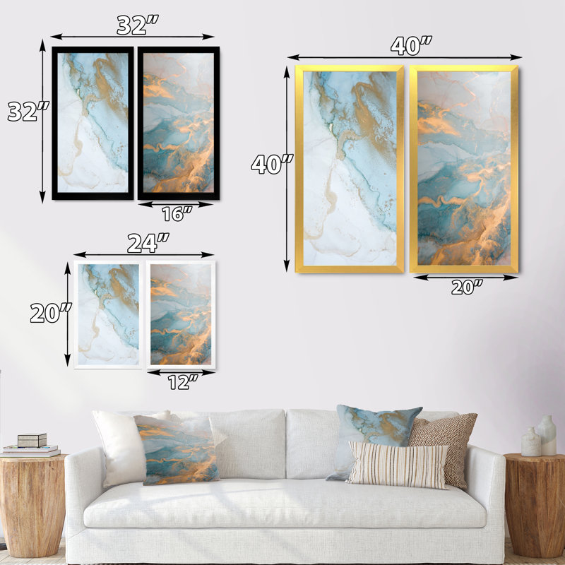 «Luxury Turquoise Gold Marbré Flow Art II», ensemble de 2 impressions sur toile, H 20 po x l 24 po x P 1 po, Cadre photo doré
