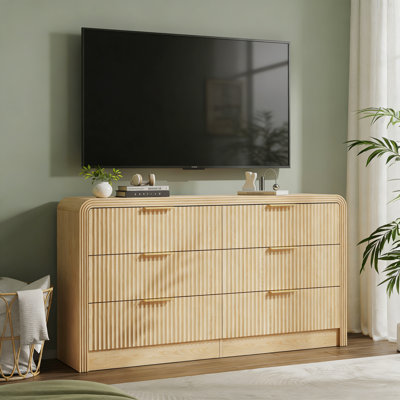 Commode 55 po à 6 tiroirs et meuble télé 55 po, commode en bois moderne avec texture ondulée pour le salon ou la chambre à coucher